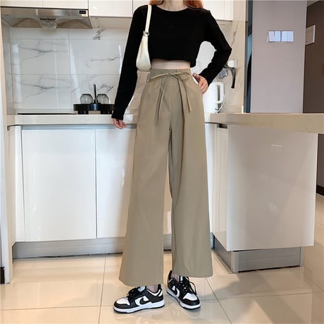 ワイドパンツ ワイドレッグパンツ ウエスト紐 ロング ゆったり ハイウエスト ウエストゴム レトロ 韓国ファッション レディース 大人可愛い ガーリー カジュアル DTC-652781317618