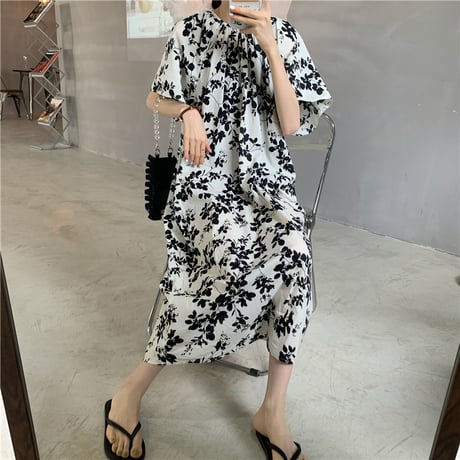 花柄 ワンピース 半袖 ハイウエスト ロング丈 薄手 ルーズ 韓国ファッション レディース 大人可愛い ガーリー フェミニン DTC-638662114410