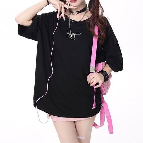 バックリボン Tシャツ オーバーサイズ 半袖 サブカル系 地雷系 レトロ 韓国ファッション レディース 大人可愛い ガーリー DTC-733249930222