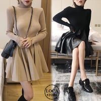 ハイネック ニットワンピース 韓国ファッション レディース タートルネック レース ウエストゴム ニット 長袖 セクシー タイト ガーリー (DCT-604931709813)