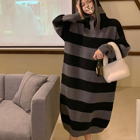 ボーダー柄 フード付き ニットワンピース ロング丈 ニット 長袖 ゆったり ルーズ レトロ 韓国ファッション レディース 大人可愛い ガーリー カジュアル DTC-663533210883