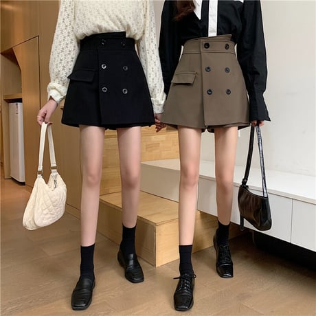 ショートパンツ スカート風 ダブルボタン ハイウエスト ショーパン 韓国ファッション レディース 大人可愛い ガーリー フェミニン DTC-655174488463