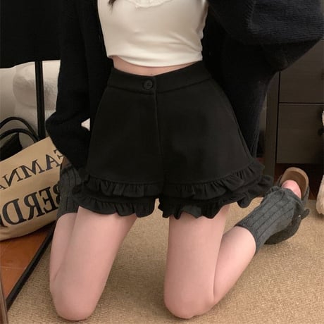 フリル ショートパンツ フェイクウール ハイウエスト スリム Aライン ショートボトム 秋 冬 レトロ 韓国ファッション レディース 大人可愛い ガーリー DTCA-873635337938