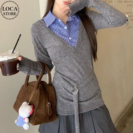 フェイクレイヤード ニット トップス チェック柄  シャツ レイヤードニット トップス スリムフィット 長袖 レトロ 大人可愛い ガーリー DTCA-849279750300