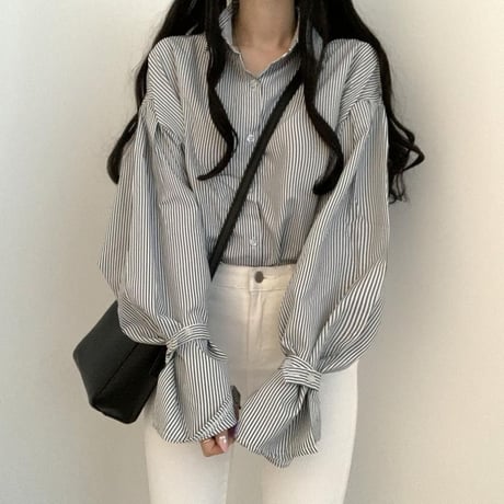 ストライプ柄 ブラウス パフスリーブ 袖ベルト シャツ トップス ルーズ 長袖 レトロ 韓国ファッション レディース 大人可愛い ガーリー DTCA-781970734875