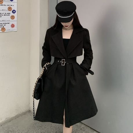 ツーピース ロングコート ＋ ベスト ベルト付き ウール ロング丈 韓国ファッション レディース コート アウター 大人可愛い フォーマル ガーリー DTC-630171040843