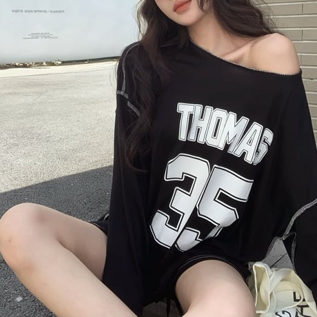 Tシャツ 長袖 ナンバリング レタープリント ロンT ワンショルダー オーバーサイズ トップス ルーズ レトロ 韓国ファッション レディース 大人可愛い ガーリー DTCA-861844447756