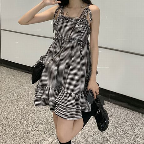 セットアップ ボレロ キャミワンピース 千鳥格子柄 チェック柄 ハイウエスト 2点セット 長袖 レトロ 韓国ファッション レディース 大人可愛い ガーリー DTC-644393055166