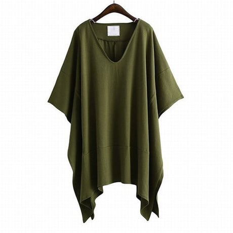 レディース 深Vネックヘムチュニック サイドスリット アシンメトリー トップス チュニック Tシャツ 大きいサイズ 体型カバー (DCT-589010553510)
