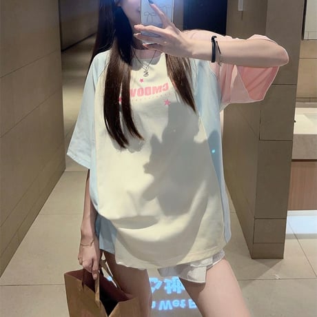 Tシャツ バイカラー ラグランスリーブ トップス 半袖 オーバーサイズ レトロ 韓国ファッション レディース 大人可愛い ガーリー カジュアル DTC-810220270153