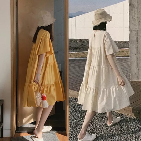 レディース ティアードワンピース フレアワンピース ハイウエスト ダボダボ ガーリー フェミニン 韓国ファッション (DCT-597669696197)