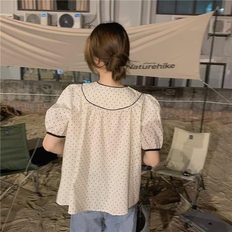 ドット柄 ブラウス パフ袖 半袖 薄手 韓国ファッション レディース 水玉 トップス 大人可愛い ガーリー フェミニン DTC-645578892500