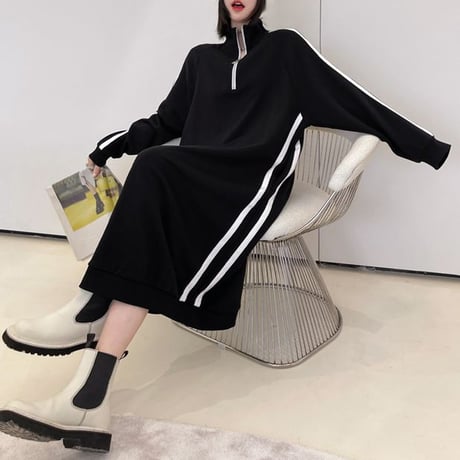ハーフジップ ワンピース サイドライン ハイネック ロング丈 スウェット ゆったりウエスト レトロ 韓国ファッション レディース 大人可愛い ガーリー カジュアル DTCA-829151967555