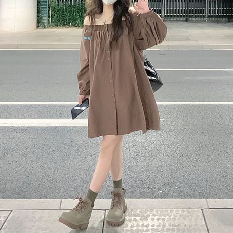 オフショルダー シャツワンピース パフスリーブ チュニック ルーズ ルーズウエスト 長袖 レトロ 韓国ファッション レディース 大人可愛い ガーリー DTC-679979552860