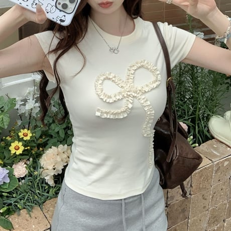 立体リボン Tシャツ リボンコード フリル タイト スリムフィット ショート丈 クルーネック 半袖 レトロ 大人可愛い ガーリー カジュアル DTCA-802763810438