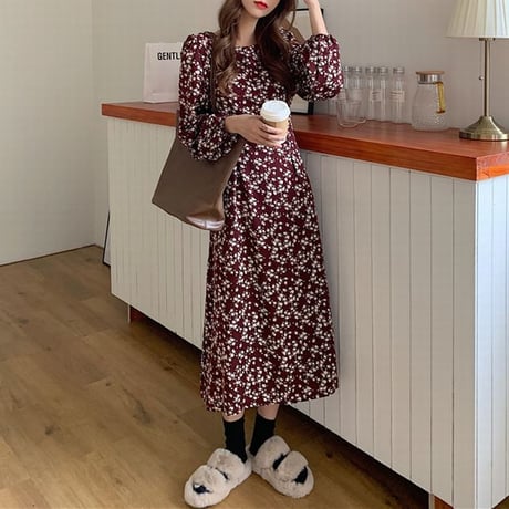 小花柄 ワンピース パフスリーブ ロング丈 ハイウエスト 長袖 クルーネック 薄手 韓国ファッション レディース 大人可愛い ガーリー フェミニン レトロDTC-655695330315