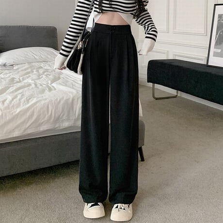ワイドパンツ ストレートパンツ パンツ タック スラックス ハイウエスト シンプル レトロ 韓国ファッション レディース 大人可愛い ガーリー DTC-666705107446