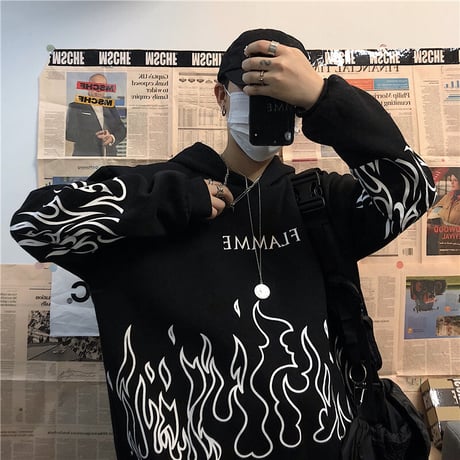 プルオーバー パーカー ユニセックス プラスベルベット 韓国ファッション メンズ レディース ファイヤーパターン プリント オーバーサイズ ストリート カジュアル DTC-605915772267