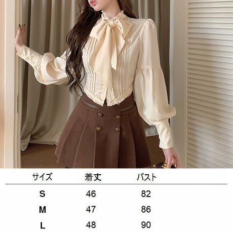リボンタイ ブラウス フリル ランタンスリーブ シフォン リボン ショート丈 スリムフィット レトロ 韓国ファッション レディース 大人可愛い ガーリー フェミニン DTC-763709152954