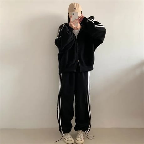 セットアップ 上下セット スウェット サイドライン ダブルジップ パーカー パンツ ジャージ ルーズ レトロ 大人可愛い ガーリー カジュアル DTCA-858330931501