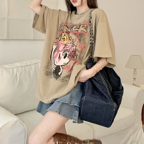 Tシャツ 半袖 漫画風プリント クルーネック オーバーサイズ トップス ルーズ ゆったり カジュアル 韓国ファッション レディース DTC-714109078106