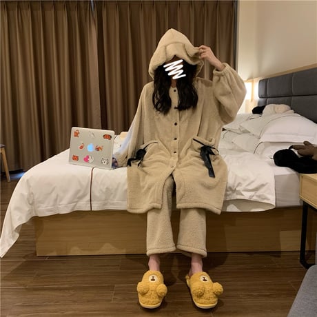 ルームウェア フード付き パジャマ セットアップ ナイトガウン + パンツ フリース ベルベット 長袖 上下セット 長袖 韓国ファッション レディース ガーリー 636487339930