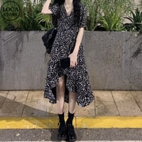 小花柄 ワンピース 不規則デザイン Vネック 半袖 パフスリーブ Aライン ハイウエスト レトロ 韓国ファッション レディース 大人可愛い ガーリー フェミニン DTC-679705807350