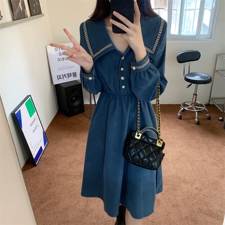 襟付き ワンピース フロントボタン ロング丈 ウエストゴム 長袖 ハイウエスト レトロ 韓国ファッション レディース 大人可愛い ガーリー DTC-657688440052