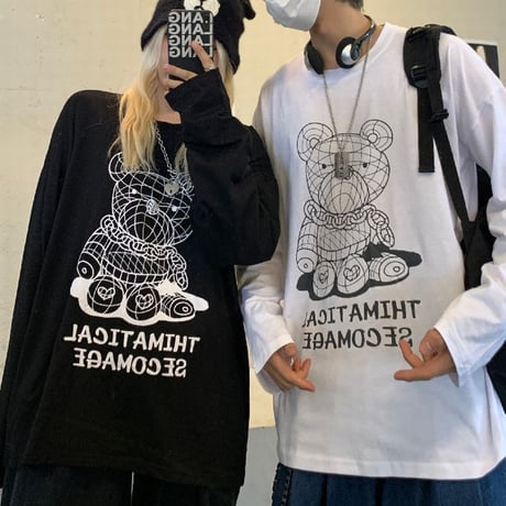 ユニセックス Tシャツ 長袖 ラインベアープリント クマちゃん ラウンドネック オーバーサイズ トップス 大きめ カジュアル ストリートファッション DTC-653486439224