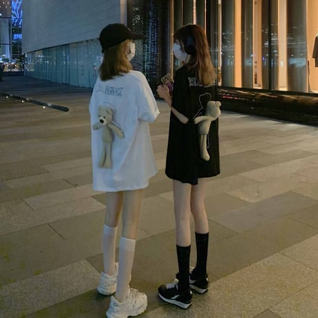 クマのぬいぐるみ付き Tシャツ オーバーサイズ 半袖 韓国ファッション レディース ルーズ トップス ゆったり カットソー カジュアル かわいい ガーリー DTC-618264974574