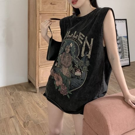 ヴィンテージ風 ノースリーブ ウォッシュ加工 タンクトップ tシャツ トップス オーバーサイズ ルーズ レトロ 大人可愛い ガーリー カジュアル ストリート女子 DTCA-795945053217