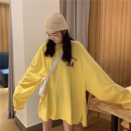 長袖 ロング Tシャツ オーバーサイズ 韓国ファッション レディース ロングTシャツ ロンt ルーズ トップス ゆったり カットソー 大人可愛い ガーリー DTC-625359276693