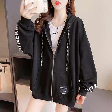 ジップアップ パーカー 袖プリント ドロップショルダー 薄手 オーバーサイズ 韓国ファッション レディース トップス フード付き カジュアル ストリートファッション DTC-653562026867