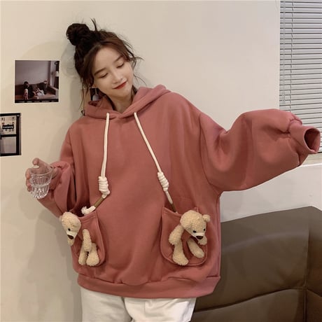 パーカー 裏起毛 クマのぬいぐるみ ベアー プルオーバー 長袖 ルーズ 韓国ファッション レディース スウェット ゆったり 大きめ カジュアル ストリート系 DTC-629418331286