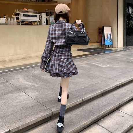 襟付き リボンチェック柄 シャツワンピース ウエストマーク ミニワンピース ハイウエスト 長袖 レトロ 韓国ファッション レディース 大人可愛い ガーリー DTC-833062826352
