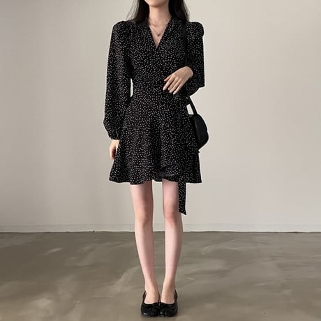ドット柄 カシュクール フレア ミニワンピース ラップワンピース Vネック 肩パッド Aライン ハイウエスト 長袖 レトロ 大人可愛い ガーリー DTCA-745088824652
