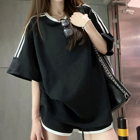 セットアップ サイドライン Tシャツ ショートパンツ 半袖 トップス ルーズ スポーツミックス レトロ 韓国ファッション レディース 大人可愛い ガーリー DTCA-953137451755