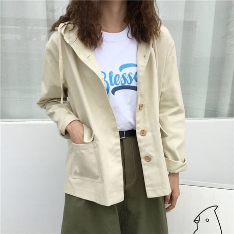 レディース フードブルゾン ボタン ジャケット ショートコート フード パーカー フェミニン 韓国ファッション オルチャン (DCT-589286879904)