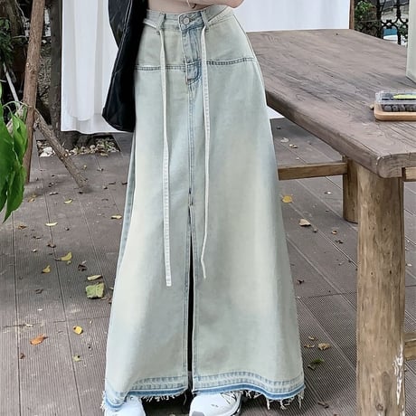 デニムスカート スリット マキシ丈 ハイウエスト デニムロングスカート Aライン デニム スカート レトロ 韓国ファッション レディース 大人可愛い ガーリー DTC-732866942320