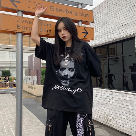 ユニセックス Tシャツ 半袖 メンズ レディース ラウンドネック ダークブラック プリント オーバーサイズ 大きいサイズ ルーズ ストリート TBN-591840040448