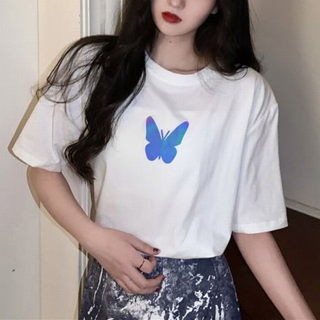 ユニセックス Tシャツ 反射光 バタフライ 半袖 ルーズ 韓国ファッション メンズ レディース トップス 大きめ カジュアル ストリートファッション DTC-617478923344