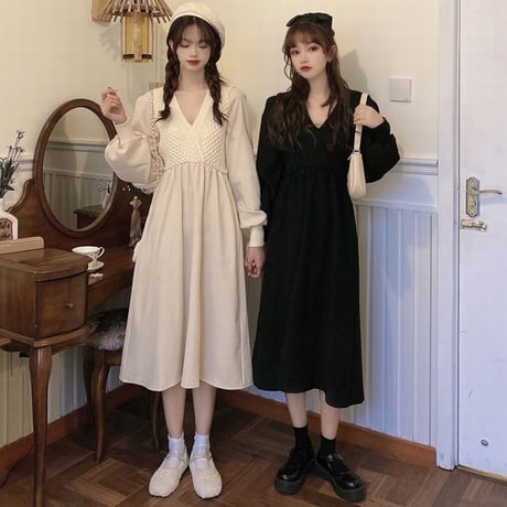 ワンピース Vネック 長袖 ハイウエスト ルーズ 韓国ファッション レディース ランタンスリーブロング丈 秋冬 ゆったり 大人可愛い ガーリー DTC-631969939063