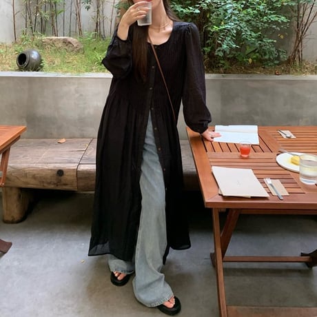 シアーロングシャツ シアーシャツワンピース シアー ランタンスリーブ ゆったりウエスト ルーズ 長袖 レトロ 韓国ファッション レディース 大人可愛い ガーリー DTC-769431272088