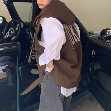 フード付き ベスト パーカー ベスト ジップアップ オーバーサイズ ルーズ レトロ 韓国ファッション レディース ガーリー カジュアル DTC-683052548777