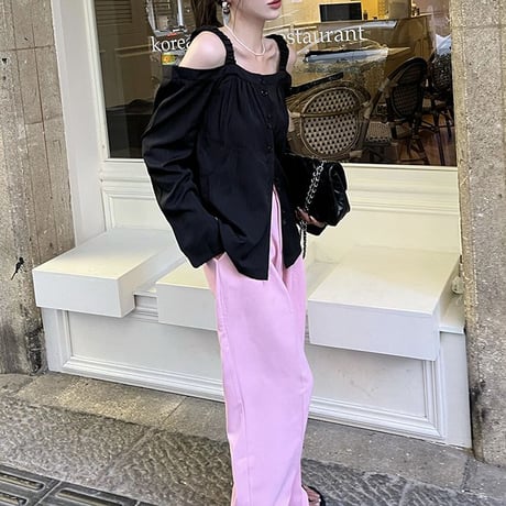 オフショルダー ブラウス 長袖 フロントボタン 肩開き オフショル トップス 無地 ルーズ レトロ 韓国ファッション レディース 大人可愛い ガーリー DTC-768258417846