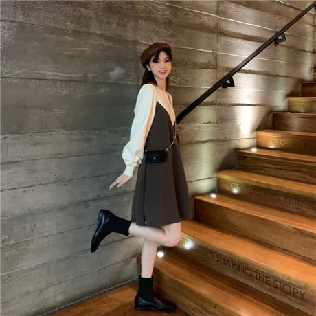 ワンピース フェイクレイヤード 長袖 ゆったり 韓国ファッション レディース ドッキングワンピース ラウンドネック 伸縮性ウエスト Aライン 大人可愛い ガーリー DTC-626497841493