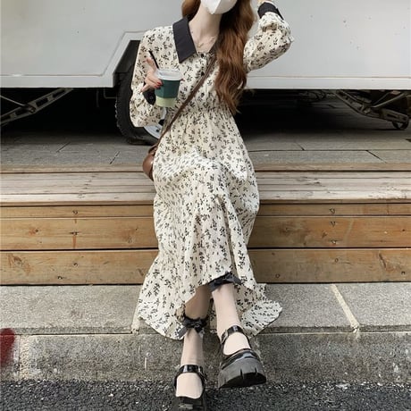 襟付き 花柄ワンピース ロング丈 伸縮性ウエスト ハイウエスト 長袖 韓国ファッション レディース 大人可愛い ガーリー フェミニンDTC-655324922378