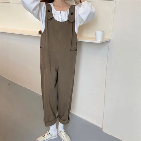 サロペット オールインワン オーバーオール ポケット ゆったり ルーズ ハイウエスト レトロ 韓国ファッション レディース 大人可愛い ガーリー カジュアル DTC-626008409448