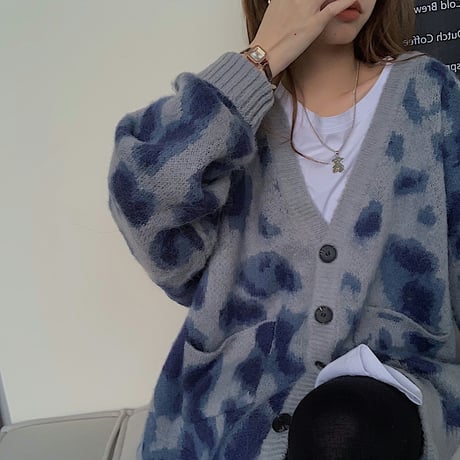 ニットカーディガン ヒョウ柄 アウター 防寒 Vネック 長袖 ウール 暖かい レトロ 韓国ファッション レディース 大人可愛い ガーリー DTC-653344282407