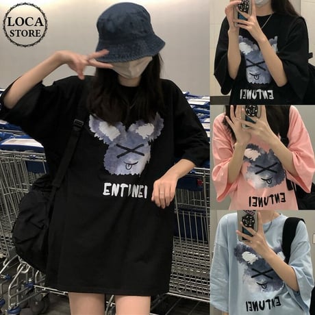 Tシャツ 半袖 ラウンドネック プリント ドロップショルダー 大きめ オーバーサイズ 韓国ファッション レディース カジュアル ストリートファッション DTC-644950773167